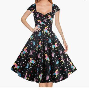 Retro rainbow unicorn swing dress with pockets